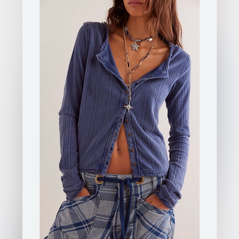 We the Free Penny Pointelle Cardi in Blue